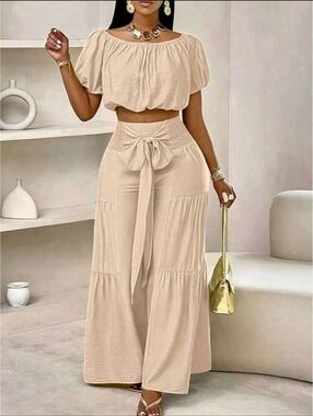 Classy Chic Set Cropped Blouse & High-Waist Tie Front Wide-Leg Pants M L & XL